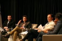 The panelists, Joshua Buckholtz, Joshua Greene, and Scott Lilienfeld; moderator Meghna Chakrabarti